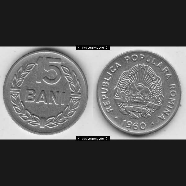 Grau bzw. s/w Münzen Rumänien Umlaufmünze 1960-1960, 15 Bani Kursmünze, Bild mit horizontaler Vollansicht als Bildmaterial Sammlung Graustufen