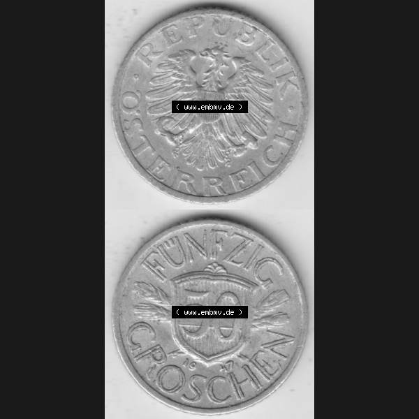 Grau bzw. s/w Münzen Österreich Umlaufmünze 1946-1955, 50 Groschen 1947 II., Münze aus Österreich mit Münzseiten Vertikal / Untereinander auf einen Bild für... Sammlung Graustufen