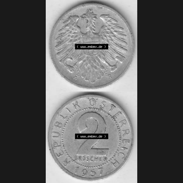 Grau bzw. s/w Münzen Österreich Umlaufmünze 1950-1994, 2 Groschen 1957, Münze aus Österreich mit Münzseiten Vertikal / Untereinander auf einen Bild für Mobile-Geräte... Sammlung Graustufen
