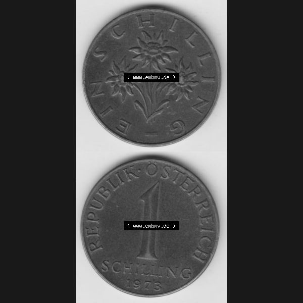 Grau bzw. s/w Münzen Österreich Umlaufmünze 1959-2001, 1 Schilling 1973, Münze aus Österreich mit Münzseiten Vertikal / Untereinander auf einen Bild für Mobile-Geräte... Sammlung Graustufen