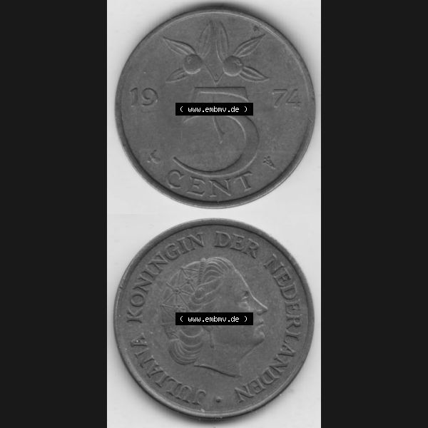 Grau bzw. s/w Münzen Niederlande Umlaufmünze 1950-1980, 5 Cent 1974, Münzseiten Vertikal / Untereinander für Mobile-Geräte als Bildmaterial Sammlung Graustufen