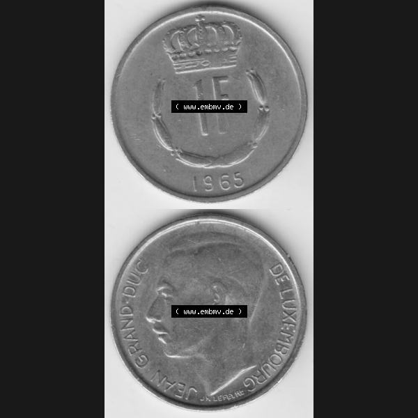 Grau bzw. s/w Münzen Luxemburg Umlaufmünze 1965-1984, 1 F, Franc, Franken 1965, Münzseiten Vertikal / Untereinander für Mobile-Geräte als Bildmaterial Sammlung Graustufen