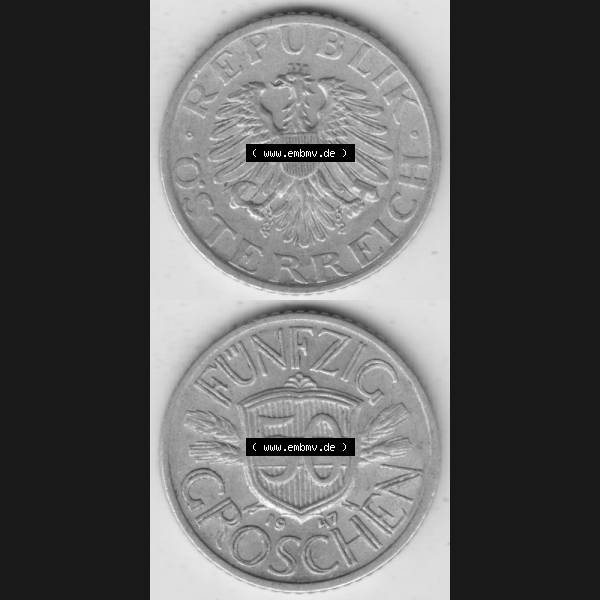 Grau bzw. s/w Münzen Österreich Umlaufmünze 1946-1955, 50 Groschen 1947 I., Münze aus Österreich mit Münzseiten Vertikal / Untereinander auf einen Bild für Mobile-Geräte... Sammlung Graustufen