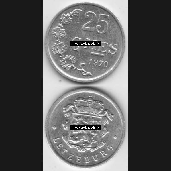 Grau bzw. s/w Münzen Luxemburg Umlaufmünze 1954-1972, 25 Centimes - C-MES 1970 II., Münzseiten Vertikal für Mobile-Geräte als Bildmaterial Sammlung Graustufen