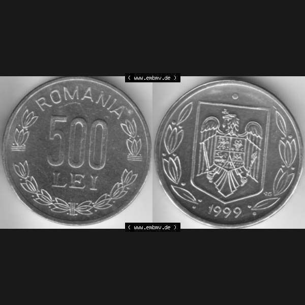 Grau bzw. s/w Münzen Rumänien Umlaufmünze 1998-2006, 500 Lei 1999, Bild mit horizontaler Vollansicht als Bildmaterial Sammlung Graustufen