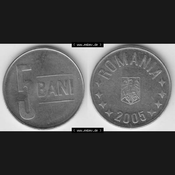 Grau bzw. s/w Münzen Rumänien Umlaufmünze 2005-2012, 5 Bani 2005, Bild mit horizontaler Vollansicht als Bildmaterial Sammlung Graustufen