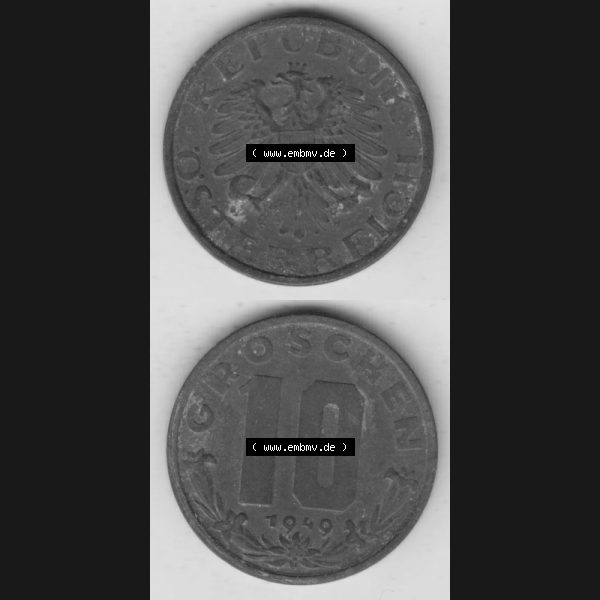 Grau bzw. s/w Münzen Österreich Umlaufmünze 1947-1949, 10 Groschen 1949 I., Münze aus Österreich mit Münzseiten Vertikal / Untereinander auf einen Bild für Mobile-Geräte... Sammlung Graustufen