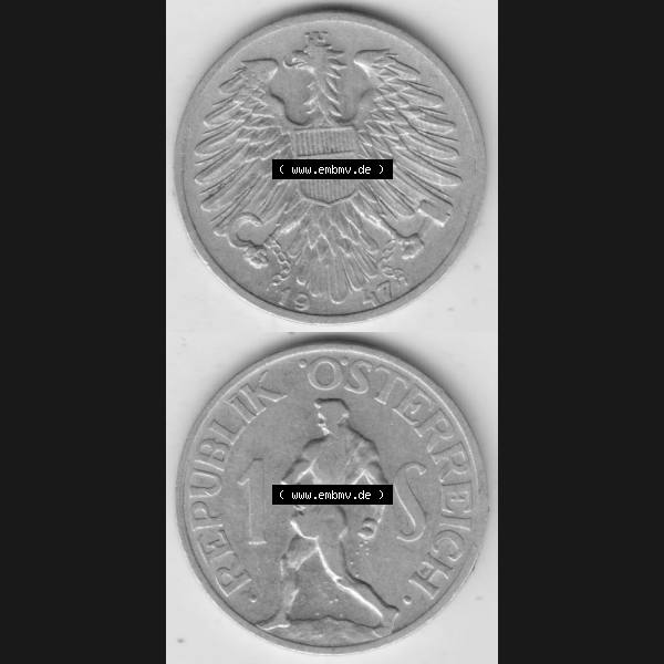 Grau bzw. s/w Münzen Österreich Umlaufmünze 1946-1957, 1 Schilling 1947 II., Münze aus Österreich mit Münzseiten Vertikal / Untereinander auf einen Bild für... Sammlung Graustufen