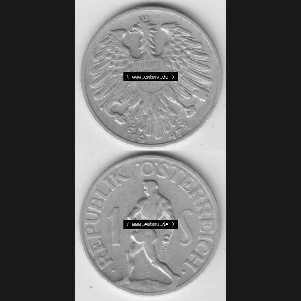 Grau bzw. s/w Münzen Österreich Umlaufmünze 1946-1957, 1 Schilling 1947 III., Münze aus Österreich mit Münzseiten Vertikal / Untereinander auf einen Bild für... Sammlung Graustufen