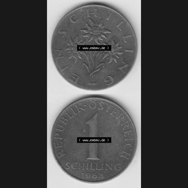 Grau bzw. s/w Münzen Österreich Umlaufmünze 1959-2001, 1 Schilling 1968, Münze aus Österreich mit Münzseiten Vertikal / Untereinander auf einen Bild für Mobile-Geräte... Sammlung Graustufen
