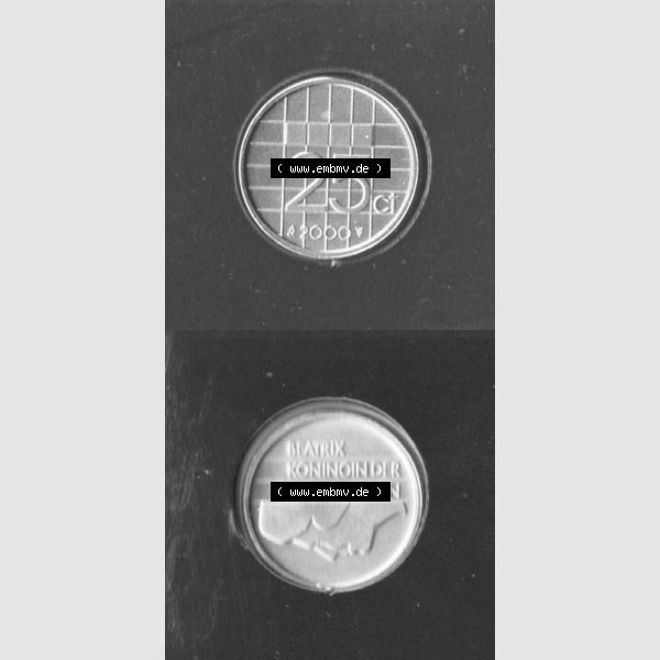 Grau bzw. s/w Münzen Niederlande Umlaufmünze 1982-2000, 25 Cent 2000, Münze aus Offiziellen Münzensatz der Niederlande Münzseiten Vertikal / Untereinander für Mobile-Geräte... Sammlung Graustufen