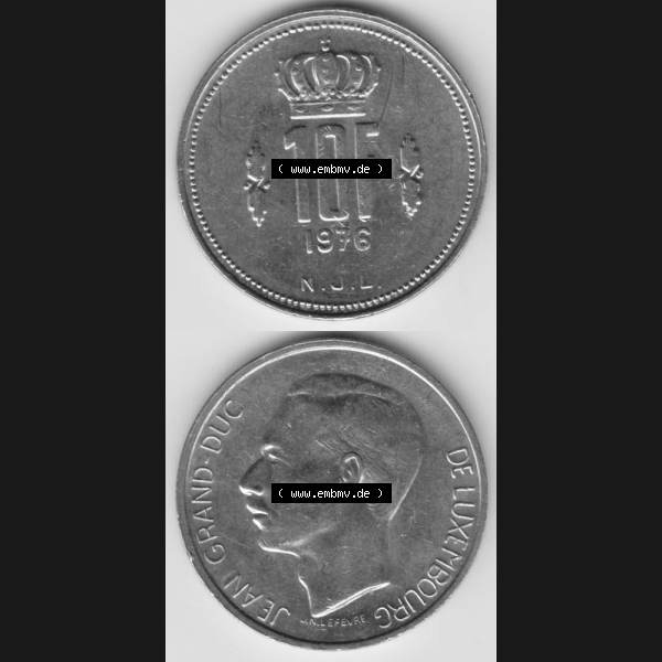 Grau bzw. s/w Münzen Luxemburg Umlaufmünze 1971-1980, 10 F, Francs, Franken 1976, Münzseiten Vertikal / Untereinander für Mobile-Geräte als Bildmaterial Sammlung Graustufen