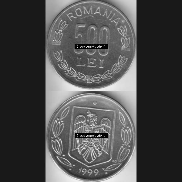 Grau bzw. s/w Münzen Rumänien Umlaufmünze 1998-2006, 500 Lei 1999, Münzseiten Vertikal für Mobile-Geräte als Bildmaterial Sammlung Graustufen
