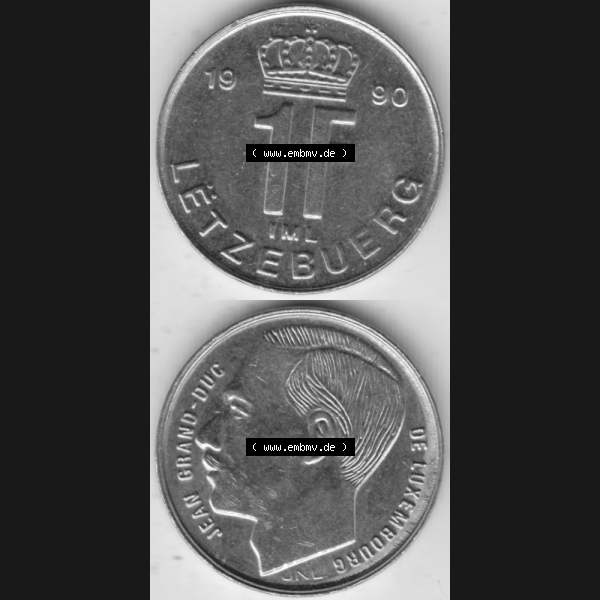 Grau bzw. s/w Münzen Luxemburg Umlaufmünze 1988-1995, 1 Franken - Francs 1990, Münzseiten Vertikal / Untereinander für Mobile-Geräte als Bildmaterial Sammlung Graustufen