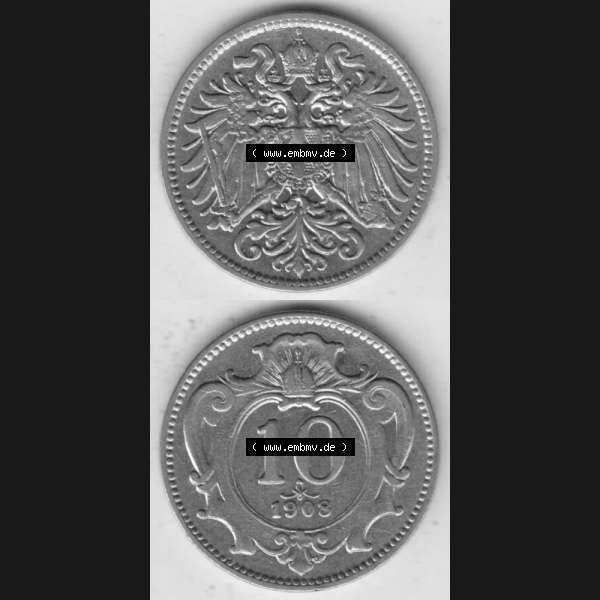 Grau bzw. s/w Münzen Österreich Umlaufmünze 1892-1911, 10 Heller 1908, Münze aus Österreich mit Münzseiten Vertikal / Untereinander auf einen Bild für Mobile-Geräte... Sammlung Graustufen