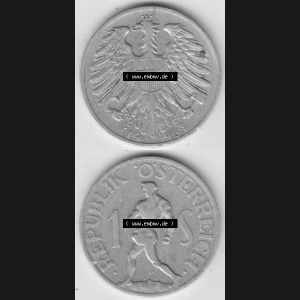 Grau bzw. s/w Münzen Österreich Umlaufmünze 1946-1957, 1 Schilling 1946 III., Münze aus Österreich mit Münzseiten Vertikal / Untereinander auf einen Bild für... Sammlung Graustufen