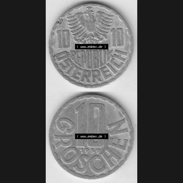 Grau bzw. s/w Münzen Österreich Umlaufmünze 1951-2001, 10 Groschen 1959, Münze aus Österreich mit Münzseiten Vertikal / Untereinander auf einen Bild für Mobile-Geräte... Sammlung Graustufen
