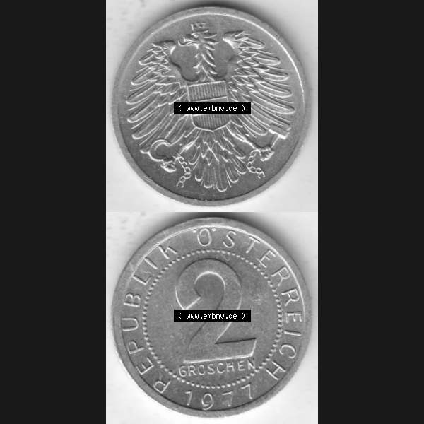 Grau bzw. s/w Münzen Österreich Umlaufmünze 1950-1994, 2 Groschen 1977, Münze aus Österreich mit Münzseiten Vertikal / Untereinander auf einen Bild für Mobile-Geräte... Sammlung Graustufen