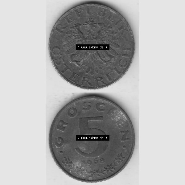 Grau bzw. s/w Münzen Österreich Umlaufmünze 1948-1994, 5 Groschen 1968 II., Münze aus Österreich mit Münzseiten Vertikal / Untereinander auf einen Bild für Mobile-Geräte... Sammlung Graustufen