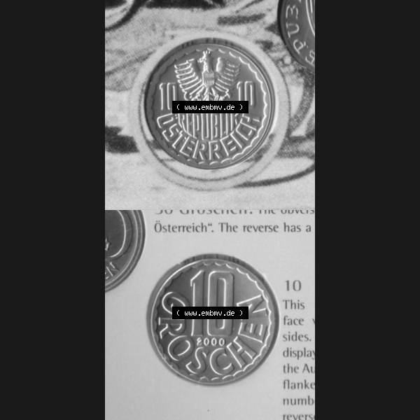 Grau bzw. s/w Münzen Österreich Umlaufmünze 1951-2001, 10 Groschen 2000, Münze aus Österreich mit Münzseiten Vertikal / Untereinander auf einen Bild für Mobile-Geräte... Sammlung Graustufen