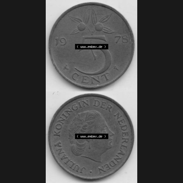 Grau bzw. s/w Münzen Niederlande Umlaufmünze 1950-1980, 5 Cent 1978, Münzseiten Vertikal / Untereinander für Mobile-Geräte als Bildmaterial Sammlung Graustufen