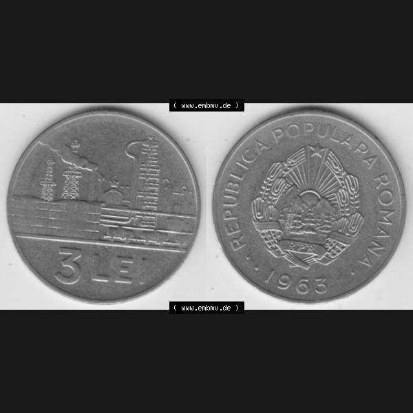 Grau bzw. s/w Münzen Rumänien Umlaufmünze 1963-1963, 3 Lei, Bild mit horizontaler Vollansicht als Bildmaterial Sammlung Graustufen