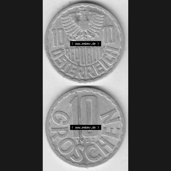 Grau bzw. s/w Münzen Österreich Umlaufmünze 1951-2001, 10 Groschen 1952 I., Münze aus Österreich mit Münzseiten Vertikal / Untereinander auf einen Bild für Mobile-Geräte... Sammlung Graustufen