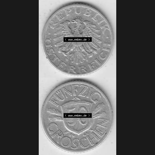 Grau bzw. s/w Münzen Österreich Umlaufmünze 1946-1955, 50 Groschen 1946, Münze aus Österreich mit Münzseiten Vertikal / Untereinander auf einen Bild für Mobile-Geräte... Sammlung Graustufen