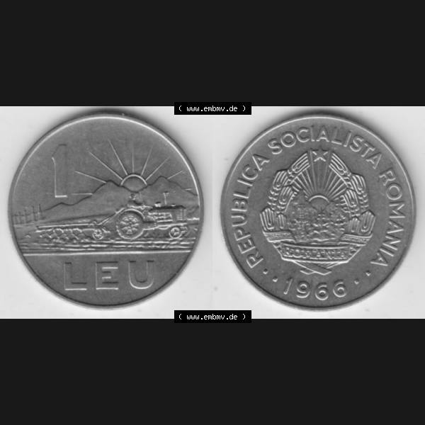 Grau bzw. s/w Münzen Rumänien Umlaufmünze 1966-1966, 1 Leu, Bild mit horizontaler Vollansicht als Bildmaterial Sammlung Graustufen