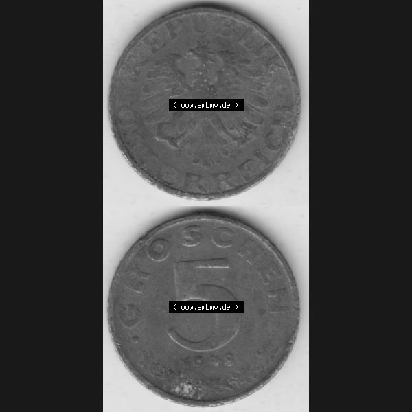 Grau bzw. s/w Münzen Österreich Umlaufmünze 1948-1994, 5 Groschen 1948, Münze aus Österreich mit Münzseiten Vertikal / Untereinander auf einen Bild für Mobile-Geräte... Sammlung Graustufen