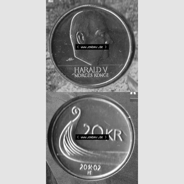 Grau bzw. s/w Münzen Norwegen Umlaufmünze 1994-2009, 20 KR, Kronen 2002, Münze aus Norwegen aus Münzensatz mit Münzseiten Vertikal / Untereinander auf einen Bild für... Sammlung Graustufen
