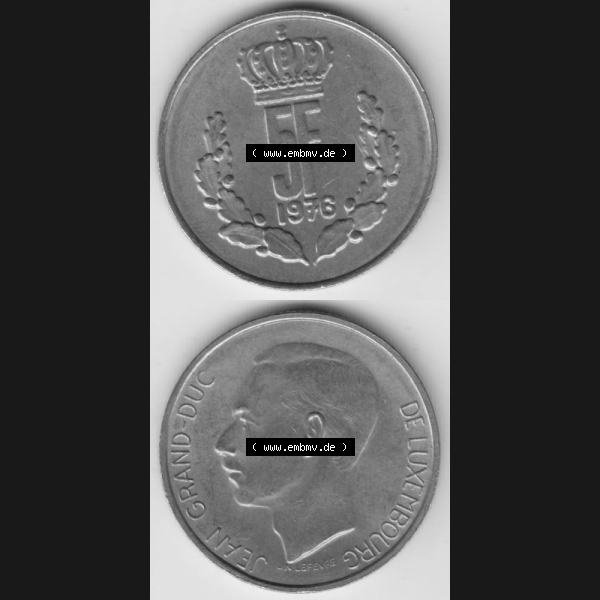 Grau bzw. s/w Münzen Luxemburg Umlaufmünze 1971-1981, 5 F, Francs, Franken 1976, Münzseiten Vertikal / Untereinander für Mobile-Geräte als Bildmaterial Sammlung Graustufen