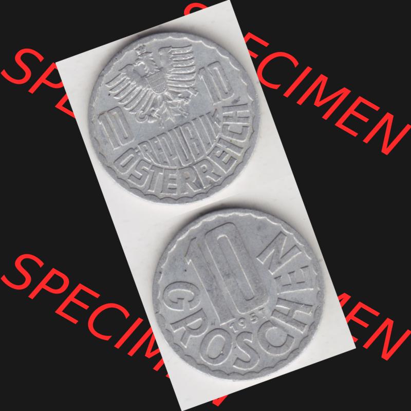 Münzen Österreich Umlaufmünze 1951-2001, 10 Groschen 1957, Münze aus Österreich mit Münzseiten Vertikal / Untereinander auf einen Bild für Mobile-Geräte... Sammlung