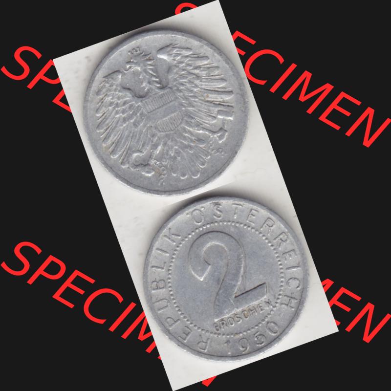 Münzen Österreich Umlaufmünze 1950-1994, 2 Groschen 1950, Münze aus Österreich mit Münzseiten Vertikal / Untereinander auf einen Bild für Mobile-Geräte... Sammlung
