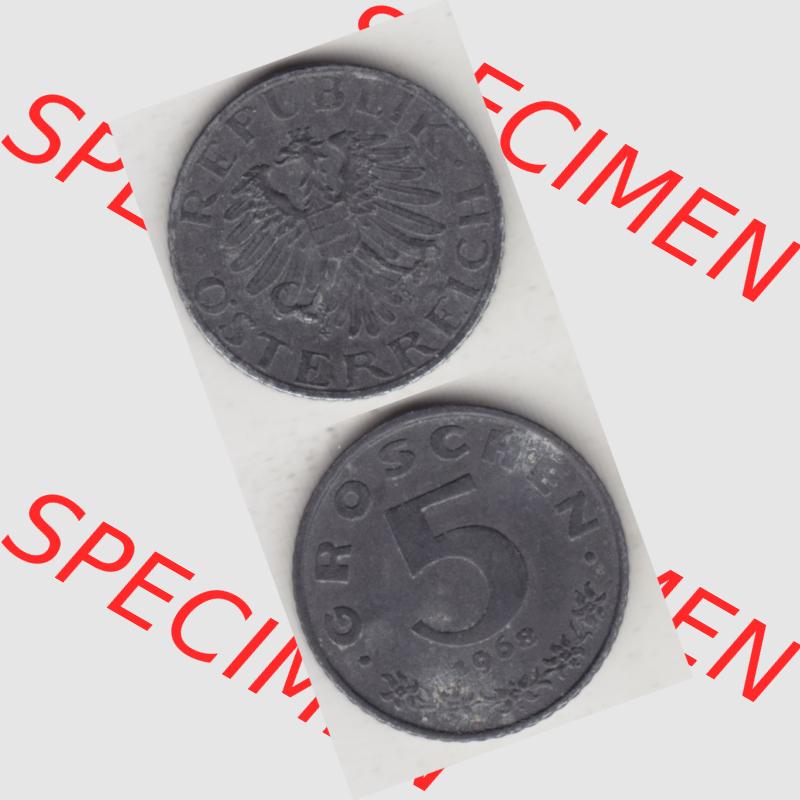 Münzen Österreich Umlaufmünze 1948-1994, 5 Groschen 1968 II., Münze aus Österreich mit Münzseiten Vertikal / Untereinander auf einen Bild für Mobile-Geräte... Sammlung