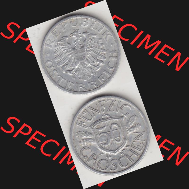 Münzen Österreich Umlaufmünze 1946-1955, 50 Groschen 1947 II., Münze aus Österreich mit Münzseiten Vertikal / Untereinander auf einen Bild für... Sammlung