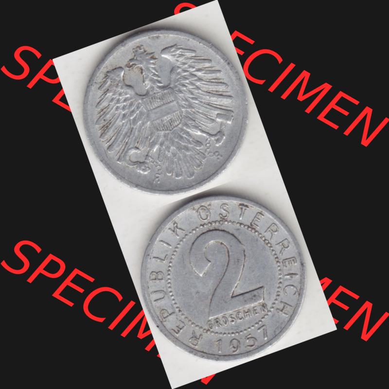 Münzen Österreich Umlaufmünze 1950-1994, 2 Groschen 1957, Münze aus Österreich mit Münzseiten Vertikal / Untereinander auf einen Bild für Mobile-Geräte... Sammlung