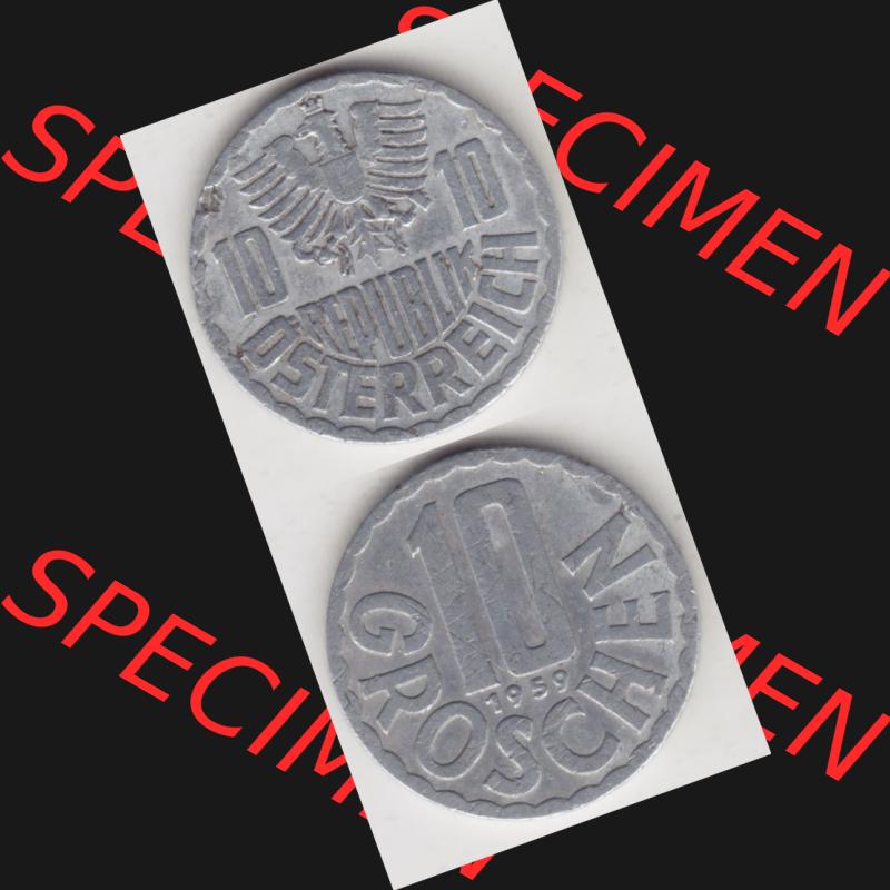 Münzen Österreich Umlaufmünze 1951-2001, 10 Groschen 1959, Münze aus Österreich mit Münzseiten Vertikal / Untereinander auf einen Bild für Mobile-Geräte... Sammlung