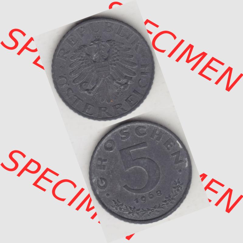 Münzen Österreich Umlaufmünze 1948-1994, 5 Groschen 1968 I., Münze aus Österreich mit Münzseiten Vertikal / Untereinander auf einen Bild für Mobile-Geräte... Sammlung