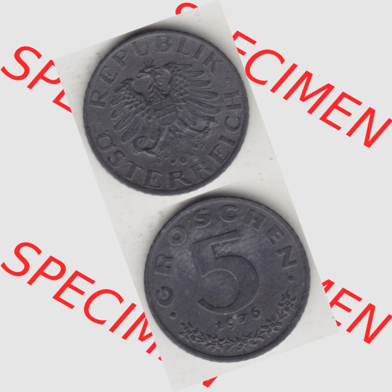 Münzen Österreich Umlaufmünze 1948-1994, 5 Groschen 1976, Münze aus Österreich mit Münzseiten Vertikal / Untereinander auf einen Bild für Mobile-Geräte... Sammlung