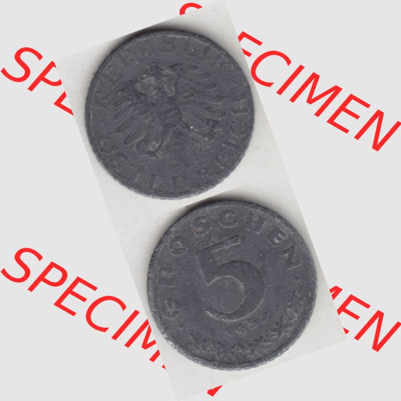 Münzen Österreich Umlaufmünze 1948-1994, 5 Groschen 1957, Münze aus Österreich mit Münzseiten Vertikal / Untereinander auf einen Bild für Mobile-Geräte... Sammlung