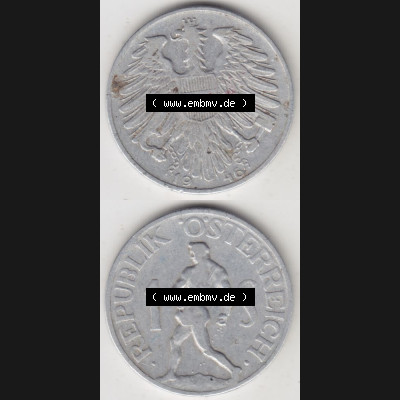 Münzen Österreich Umlaufmünze 1946-1957, 1 Schilling 1946 I., Münze aus Österreich mit Münzseiten Vertikal / Untereinander auf einen Bild für Mobile-Geräte... Sammlung