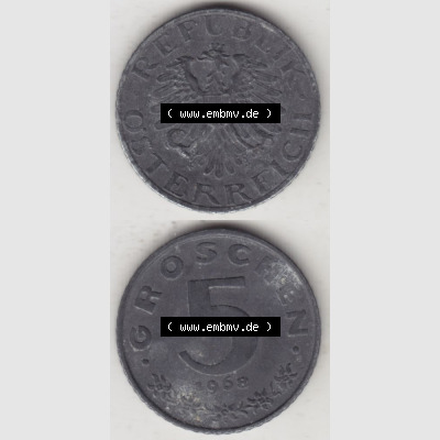 Münzen Österreich Umlaufmünze 1948-1994, 5 Groschen 1968 II., Münze aus Österreich mit Münzseiten Vertikal / Untereinander auf einen Bild für Mobile-Geräte... Sammlung