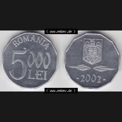 Münzen Rumänien Umlaufmünze 2001-2006, 5000 Lei 2002, Bild mit horizontaler Vollansicht als Bildmaterial Sammlung