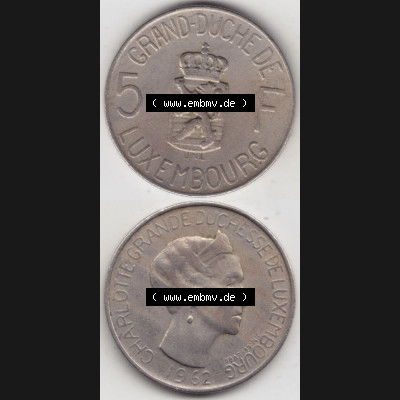 Münzen Luxemburg Umlaufmünze 1962-1962, 5 Franken - Francs 1962, Münzseiten Vertikal für Mobile-Geräte als Bildmaterial Sammlung
