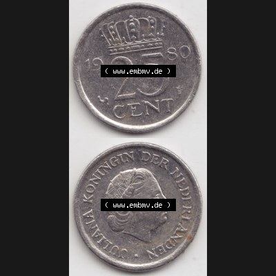 Münzen Niederlande Umlaufmünze 1950-1980, 25 Cent 1980, Münzseiten Vertikal / Untereinander für Mobile-Geräte als Bildmaterial Sammlung