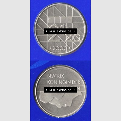 Münzen Niederlande Umlaufmünze 1982-2000, 2.50 Gulden 2000, Münze aus Offiziellen Münzensatz der Niederlande Münzseiten Vertikal / Untereinander für... Sammlung