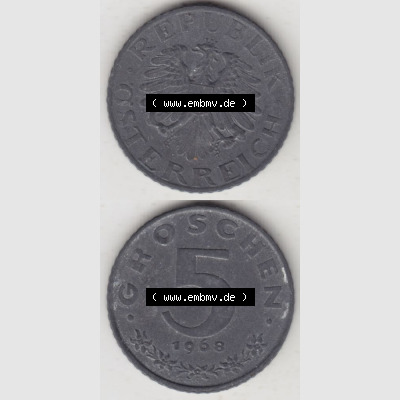 Münzen Österreich Umlaufmünze 1948-1994, 5 Groschen 1968 I., Münze aus Österreich mit Münzseiten Vertikal / Untereinander auf einen Bild für Mobile-Geräte... Sammlung