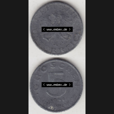 Münzen Österreich Umlaufmünze 1948-1994, 5 Groschen 1948, Münze aus Österreich mit Münzseiten Vertikal / Untereinander auf einen Bild für Mobile-Geräte... Sammlung
