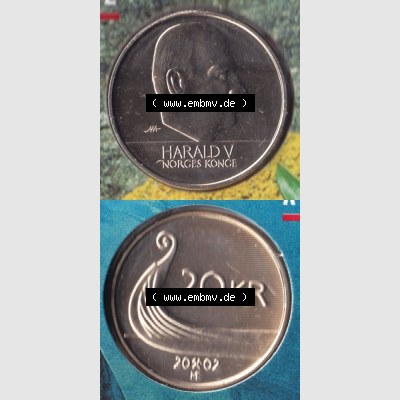 Münzen Norwegen Umlaufmünze 1994-2009, 20 KR, Kronen 2002, Münze aus Norwegen aus Münzensatz mit Münzseiten Vertikal / Untereinander auf einen Bild für... Sammlung